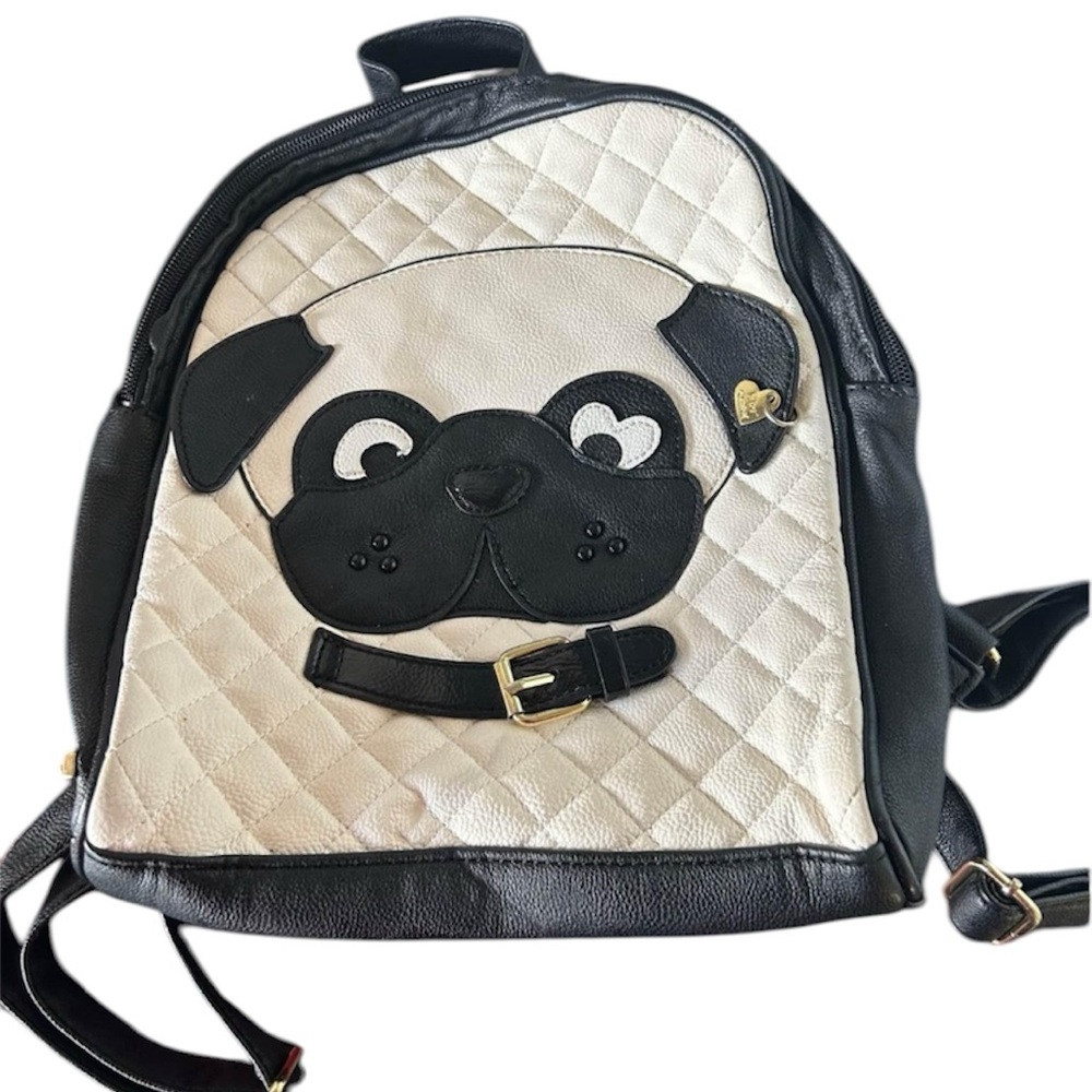 Betsey Johnson Puppy Dog Black & Tan Pug Design Quilted Dog Backpack Bag Purse - Picture 4 of 5